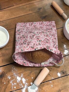 Pink Rose Floral Bread Bag, Reusable Cotton Bread Bag, Sourdough Storage Bag